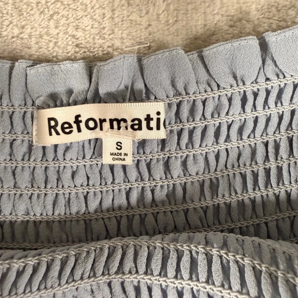 Reformation Light Blue Smocked Puff Sleeve Midi Dress Ruffle Hem Slit Small - Picture 5 of 8